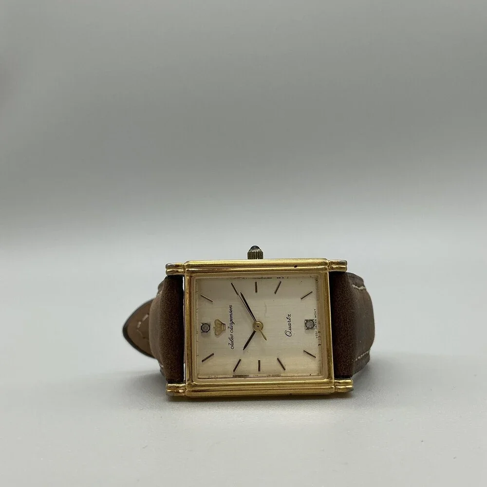 Jules Jurgensen 6741 Mens Watch 25mm Gold Tone Brown Leather New Battery